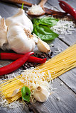 Pasta, garlic, pepper, basil and parmigiano