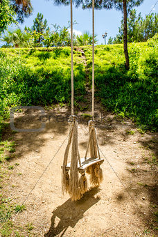 Wooden swing with ropes in tropics