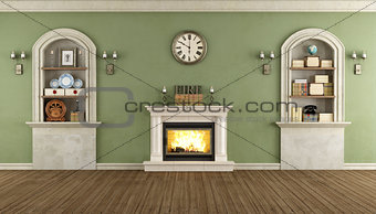 Vintage room with niche and fireplace