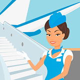 Female stewardess wearing blue suit  and airplane behind