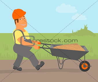 Builder with trolley is going to the project