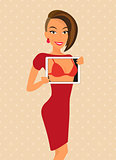 Woman wearing red dress is flirting using tablet pc