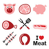 Pig, pork meat - pink ham and bacon icons set