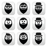 Man with beard with moustache or mustache, hipster buttons set