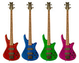Multi-colored bass guitars 