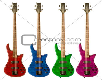 Multi-colored bass guitars 