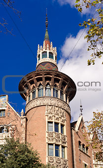 Colourful cathedral in Barcelona on blue sky background