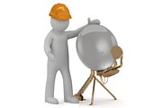 3d man adjuster in an orange helmet adjusts the satellite isolated