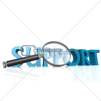 Magnifying glass with blue support word