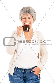 Elderly woman drinking coffee