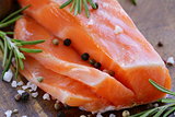 salty delicacy red salmon fish on wooden board