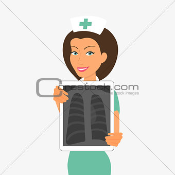 Smiling nurse hjlding tablet pc with x-ray