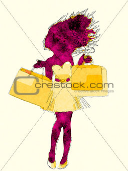 Shopping girl halftone silhouette