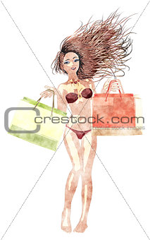 Watercolor shopping bikini girl