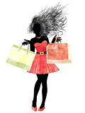 Watercolor shopping girl silhouette