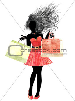 Watercolor shopping girl silhouette