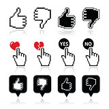 Cursor hand - like, unlike, love, vote yes or no icons set