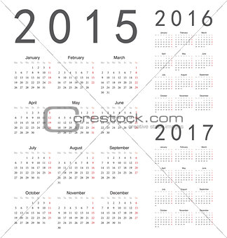 European 2015, 2016, 2017 year vector calendars