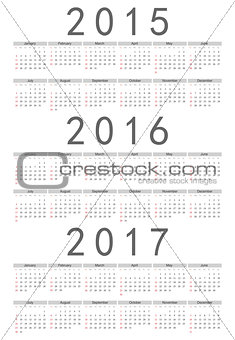 European 2015, 2016, 2017 year vector calendar
