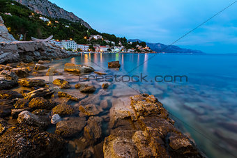 Rocky Beach and Small Village near Omis in the Evening, Dalmatia