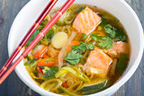 Miso soup with salmon and leek.