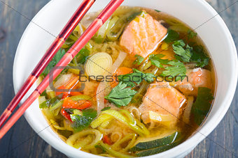 Miso soup with salmon and leek.