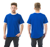 Man posing with blank blue shirt