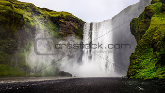 Landscape view of wild Skogafoss waterfall in Iceland