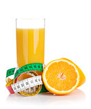 Orange juice and measuring tape. Diet food