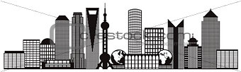 Shanghai City Skyline Black and White Outline Illustration