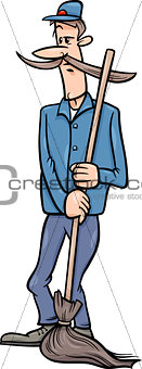 janitor man with broom cartoon illustration
