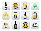 Beer colorful vector buttons set - bottle, glass, pint
