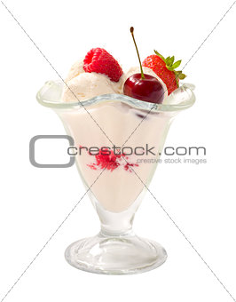 Ice cream with strawberries cherry and raspberries