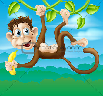 Monkey cartoon in jungle swinging on vine