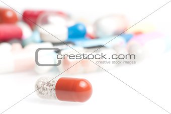 closeup of one medical pill in laboratory