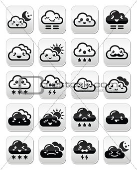 Cute Kawaii clouds with different expressions - happy, sad, angry