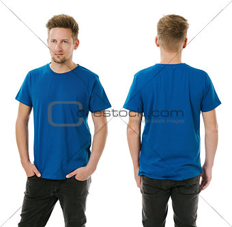Man posing with blank royal blue shirt