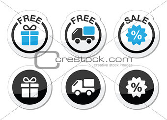 Free gift, free delivery, sale labels set