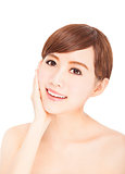 pretty young woman with skin care and  cosmetic concept