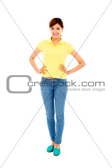 smiling young student standing and hands on waist