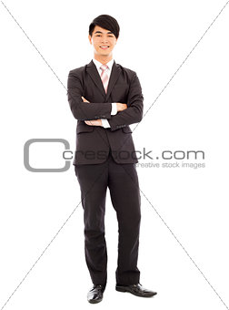 young businessman standing and across hands