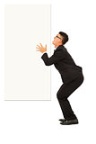 funny young business man holding white board