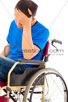 depressed handicapped man sitting on a wheelchair 