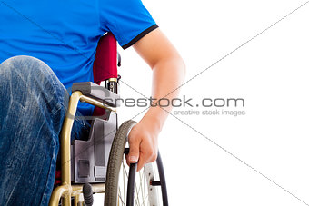 closeup of handicapped man sitting on a wheelchair