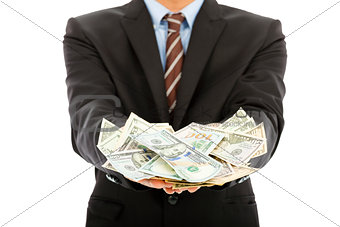 closeup of businessman holding  us dollar with white background