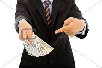 business man holding us dollar cash. isolated on white