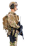 Soldier with rifle or sniper standing on a white background