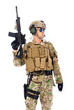 Soldier raising up  rifle or sniper with white background