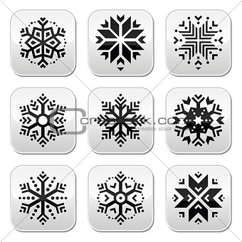 Snowflakes buttons set on black and white background