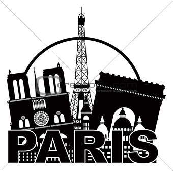 Paris City Skyline Silhouette Circle Black and White Illustratio